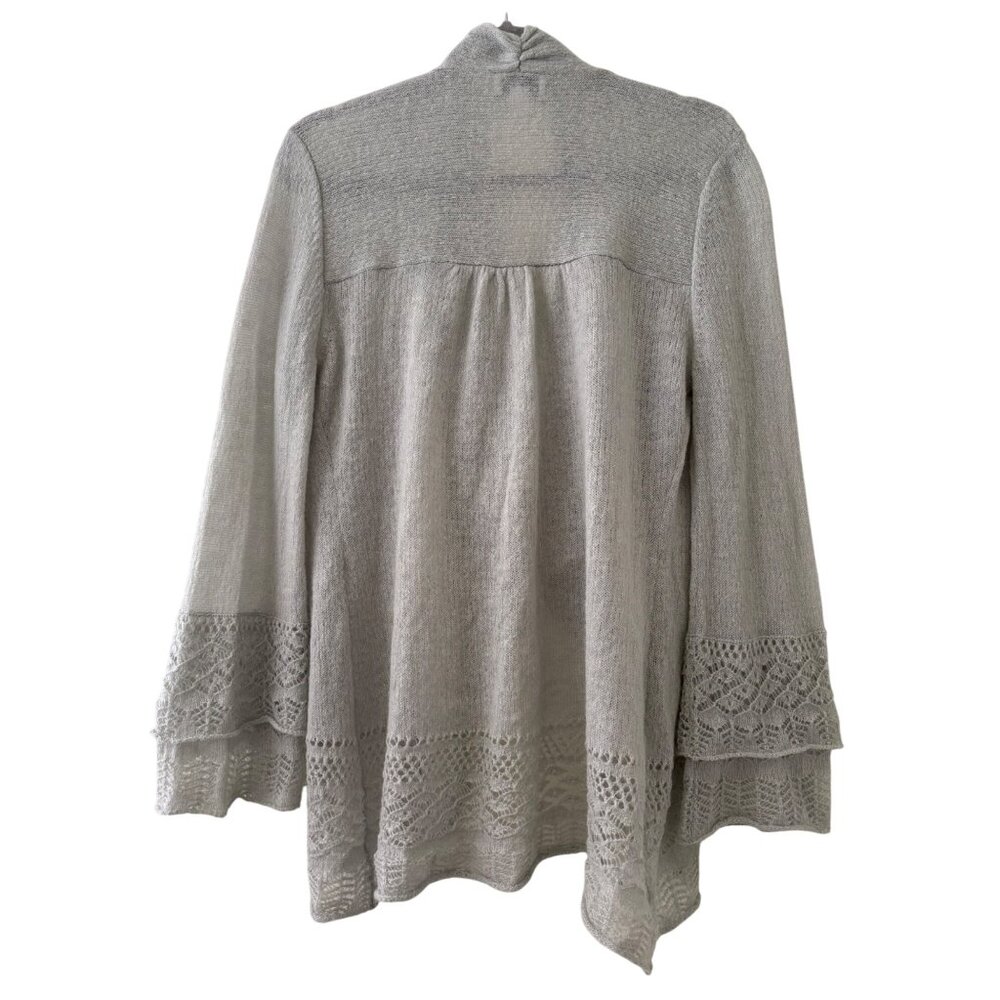 Loft Gray Open-Front Knit Cardigan Sweater L Lace Detail Long Sleeve - Picture 2 of 16